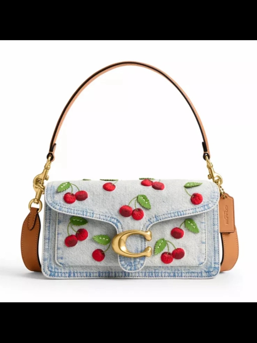 COACH Tabby Shoulder Bag Size 26 Cherry Embroidery Denim Multicolor NWT